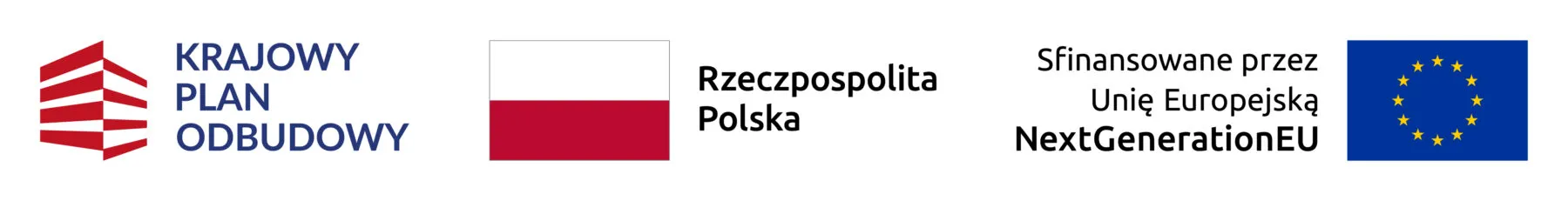 Logotypy: Krajowy Plan Odbudowy, flaga i godło Rzeczypospolitej Polskiej oraz flaga Unii Europejskiej z podpisem „Sfinansowane przez Unię Europejską NextGenerationEU”.