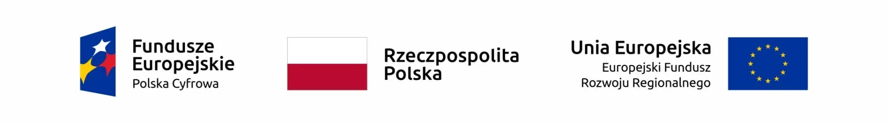Logotypy: Fundusze Europejskie Polska Cyfrowa, flaga Rzeczypospolitej Polskiej oraz flaga Unii Europejskiej z podpisem „Europejski Fundusz Rozwoju Regionalnego”.
