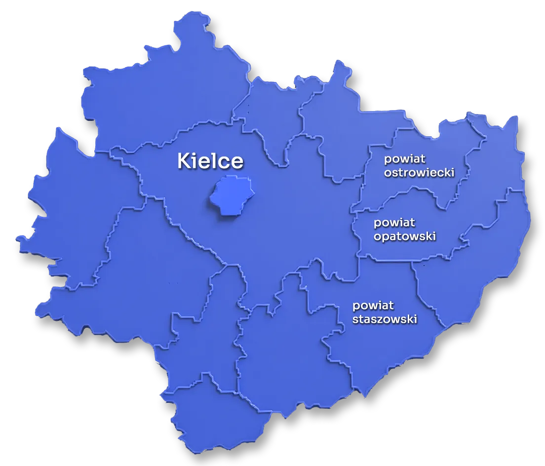 Mapa województwa świętokrzyskiego z zaznaczonym Kielcami oraz powiatami ostrowieckim, opatowskim i staszowskim.