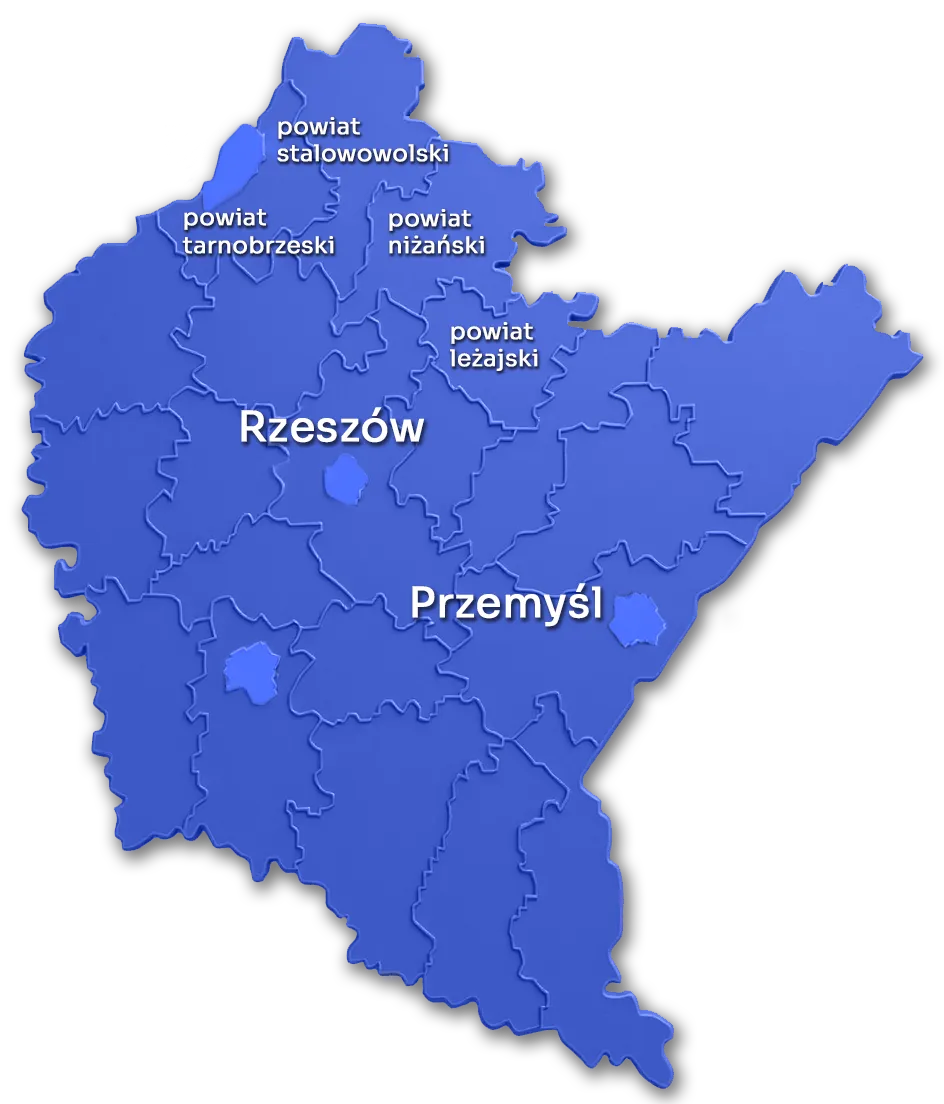 Mapa województwa podkarpackiego z zaznaczonym Rzeszowem i Przemyślem oraz powiatami stalowowolskim, tarnobrzeskim, mieleckim, kolbuszowskim i łańcuckim.